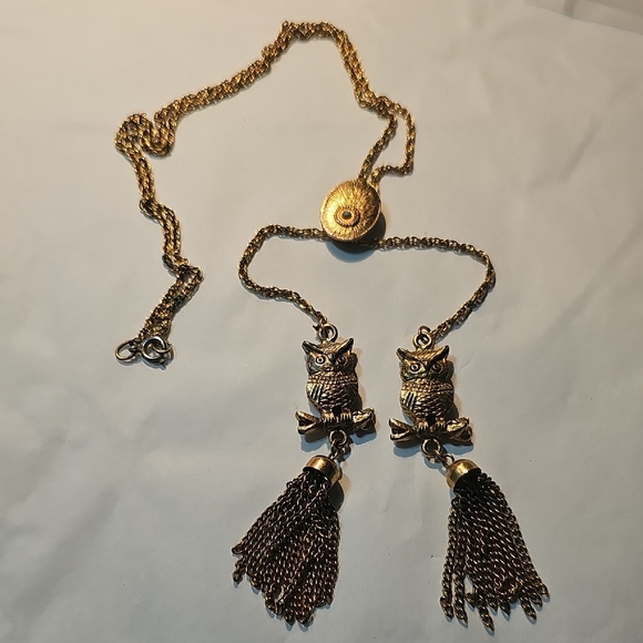 Unique Gold Owl Pendant Necklace with Tassels